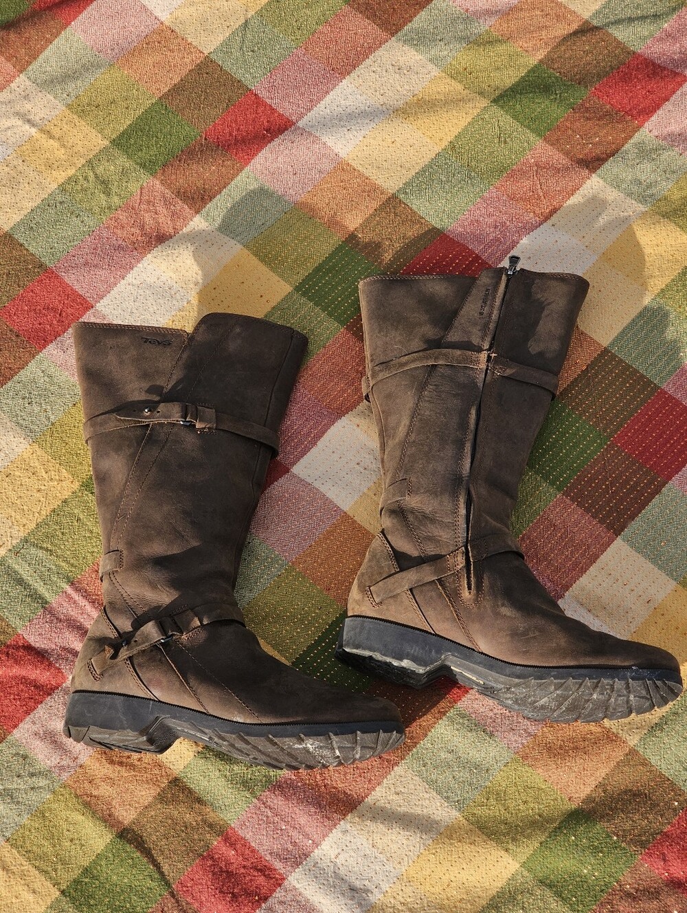 Teva Women’s 7.5 Brown Leather Tall Riding Boots Buckle Strap Zip Outdoor